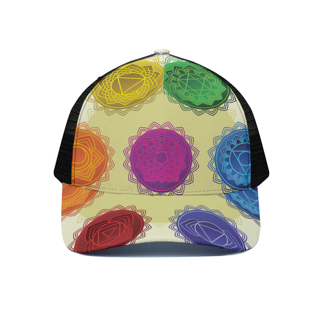 Colorful Seven Chakras Print Black Mesh Trucker Cap