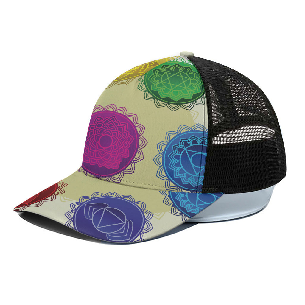 Colorful Seven Chakras Print Black Mesh Trucker Cap