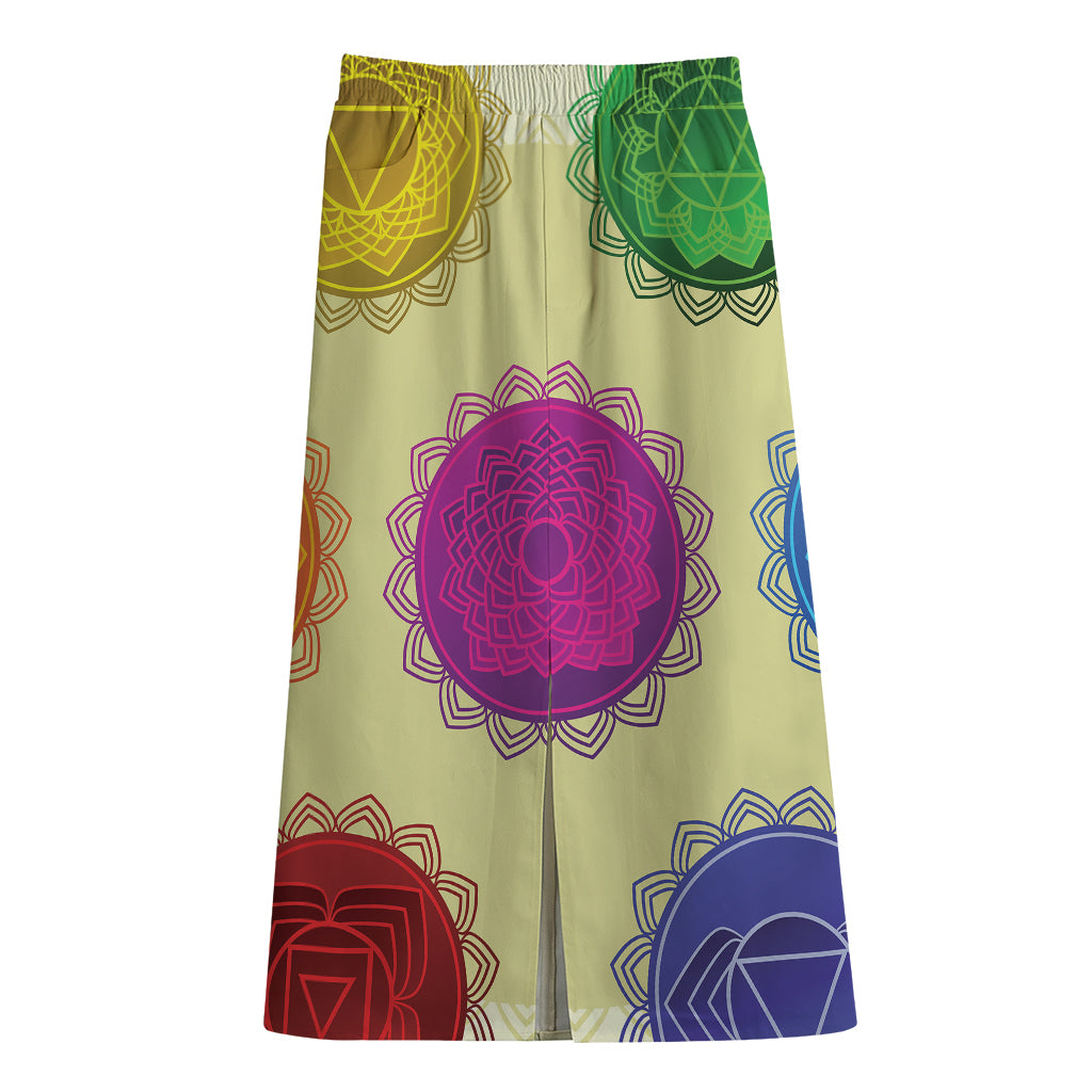 Colorful Seven Chakras Print Cotton Front Slit Maxi Skirt