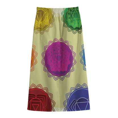 Colorful Seven Chakras Print Cotton Front Slit Maxi Skirt
