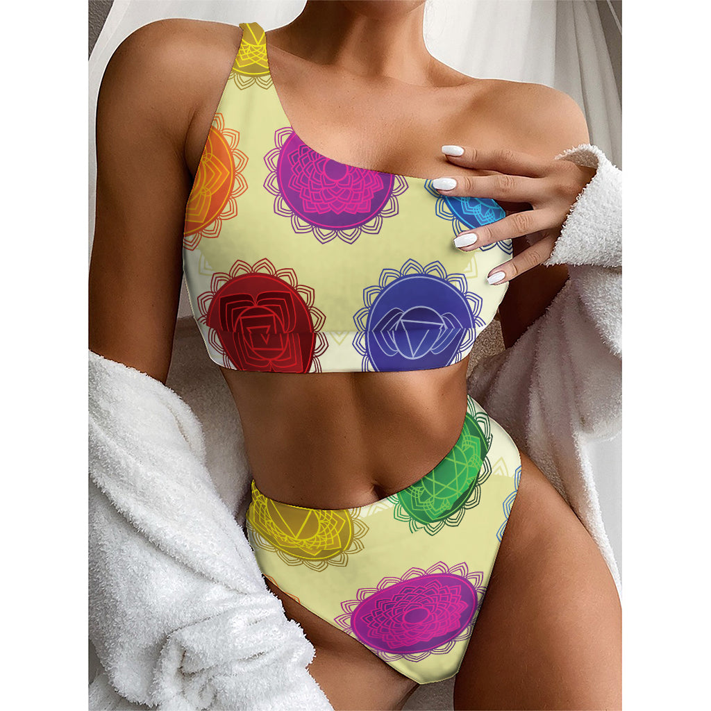 Colorful Seven Chakras Print One Shoulder Bikini Top