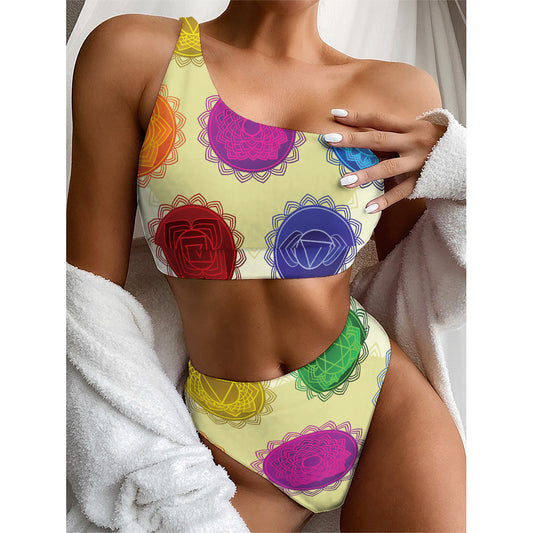 Colorful Seven Chakras Print One Shoulder Bikini Top
