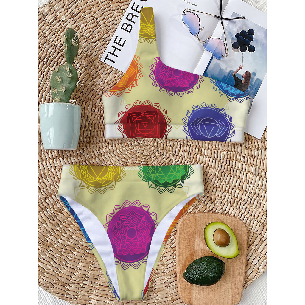 Colorful Seven Chakras Print One Shoulder Bikini Top