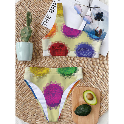 Colorful Seven Chakras Print One Shoulder Bikini Top