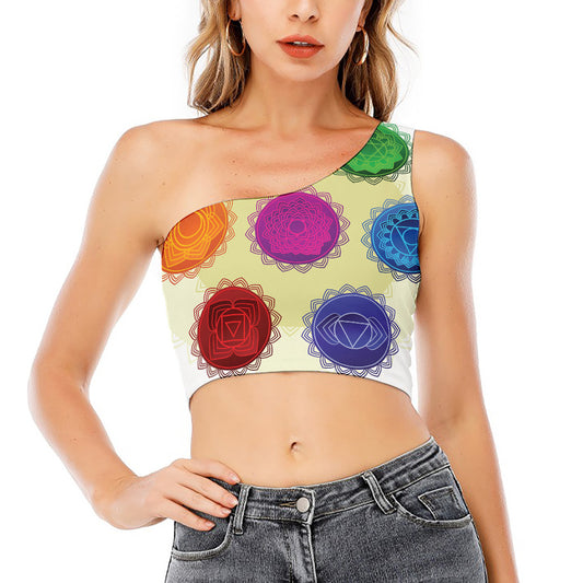 Colorful Seven Chakras Print One Shoulder Crop Top