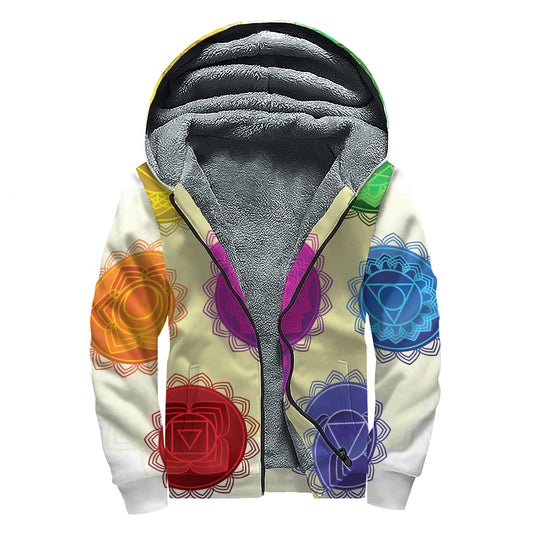 Colorful Seven Chakras Print Sherpa Lined Zip Up Hoodie