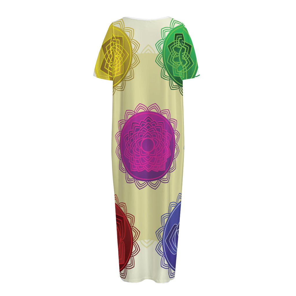 Colorful Seven Chakras Print Short Sleeve Long Nightdress