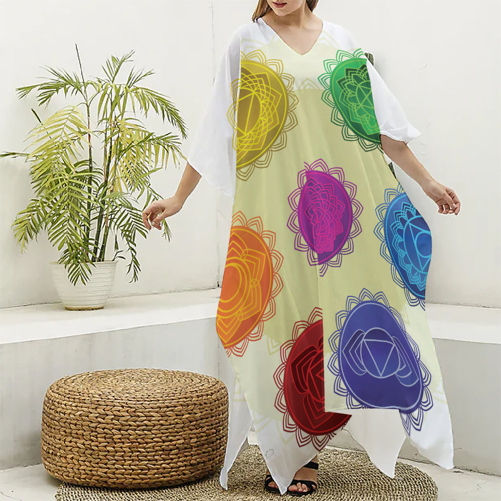 Colorful Seven Chakras Print Silk V-Neck Kaftan Dress