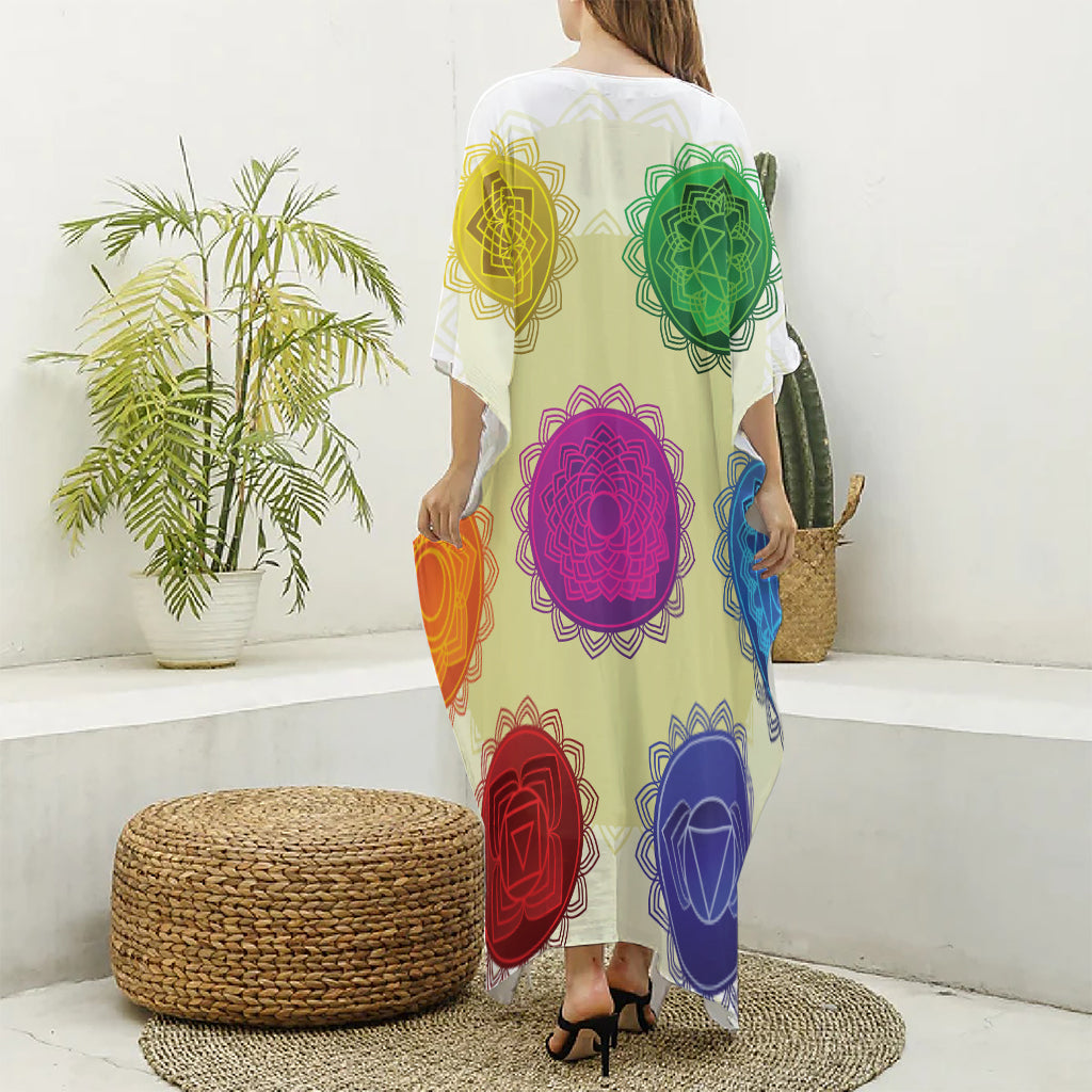 Colorful Seven Chakras Print Silk V-Neck Kaftan Dress