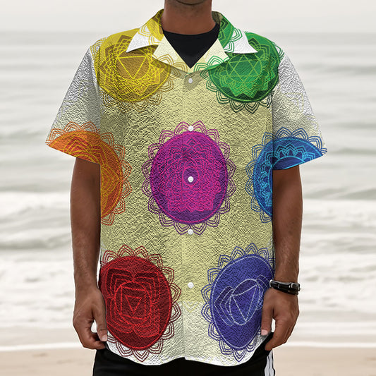 Colorful Seven Chakras Print Textured Short Sleeve Shirt