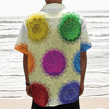 Colorful Seven Chakras Print Textured Short Sleeve Shirt