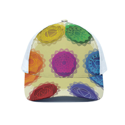 Colorful Seven Chakras Print White Mesh Trucker Cap