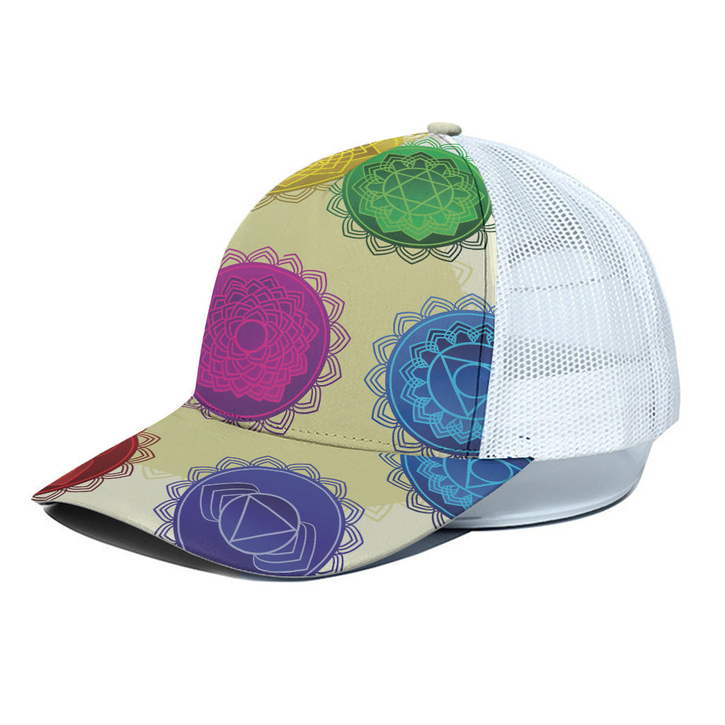 Colorful Seven Chakras Print White Mesh Trucker Cap