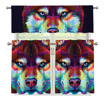 Colorful Siberian Husky Print 3 Piece Kitchen Curtains