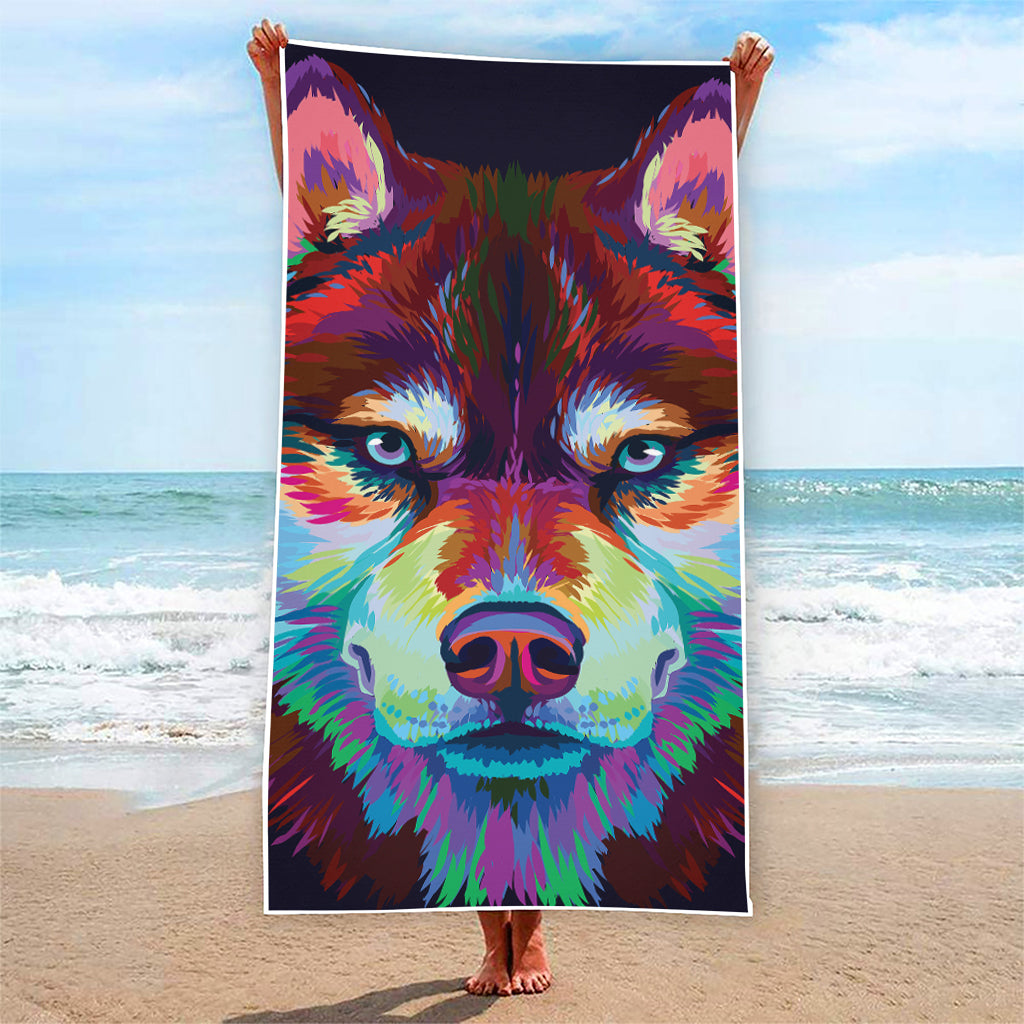 Colorful Siberian Husky Print Beach Towel