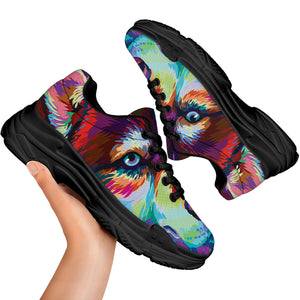 Colorful Siberian Husky Print Black Chunky Shoes
