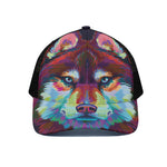 Colorful Siberian Husky Print Black Mesh Trucker Cap