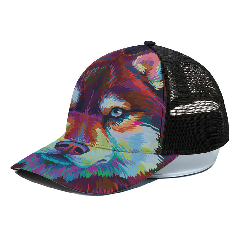 Colorful Siberian Husky Print Black Mesh Trucker Cap
