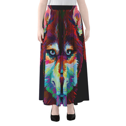 Colorful Siberian Husky Print Chiffon Maxi Skirt