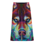 Colorful Siberian Husky Print Cotton Front Slit Maxi Skirt