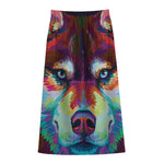 Colorful Siberian Husky Print Cotton Front Slit Maxi Skirt