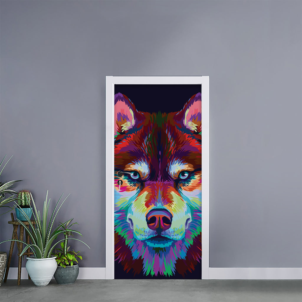 Colorful Siberian Husky Print Door Sticker