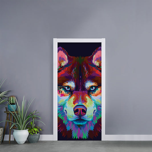 Colorful Siberian Husky Print Door Sticker