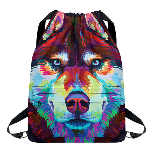 Colorful Siberian Husky Print Drawstring Backpack