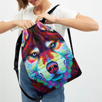 Colorful Siberian Husky Print Drawstring Backpack