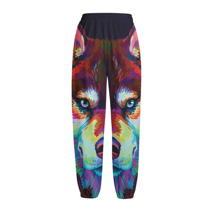 Colorful Siberian Husky Print Fleece Lined Knit Pants