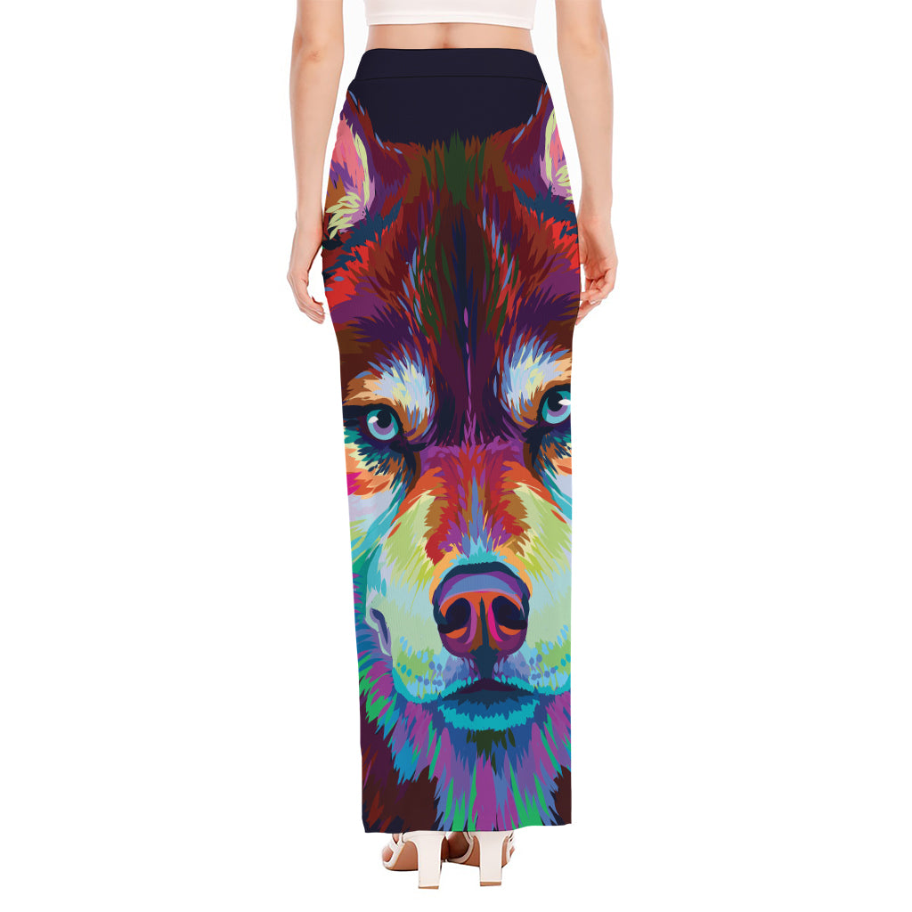 Colorful Siberian Husky Print High Slit Maxi Skirt