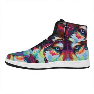 Colorful Siberian Husky Print High Top Leather Sneakers