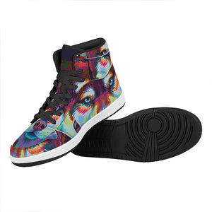 Colorful Siberian Husky Print High Top Leather Sneakers