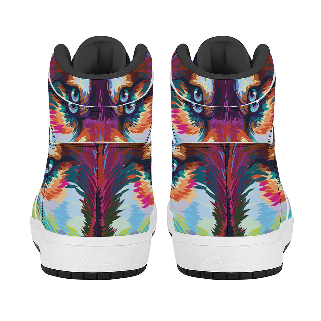 Colorful Siberian Husky Print High Top Leather Sneakers