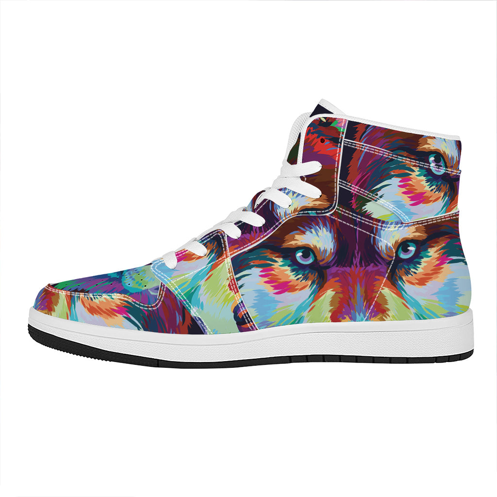 Colorful Siberian Husky Print High Top Leather Sneakers