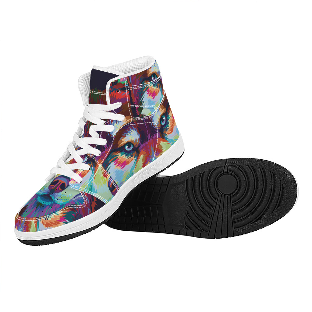 Colorful Siberian Husky Print High Top Leather Sneakers