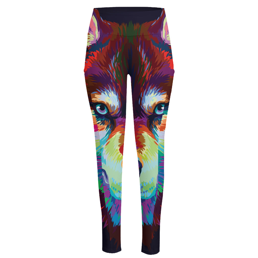 Colorful Siberian Husky Print High-Waisted Pocket Leggings