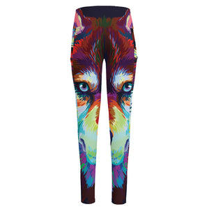 Colorful Siberian Husky Print High-Waisted Pocket Leggings