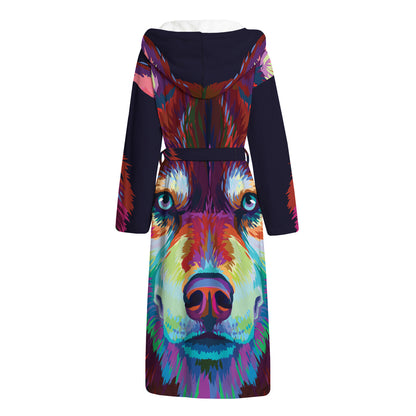 Colorful Siberian Husky Print Hooded Bathrobe