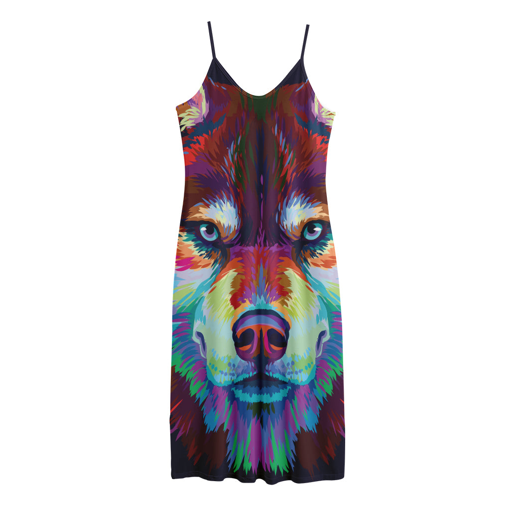 Colorful Siberian Husky Print Jersey Midi Cami Dress