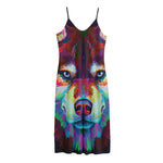 Colorful Siberian Husky Print Jersey Midi Cami Dress