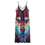 Colorful Siberian Husky Print Jersey Midi Cami Dress