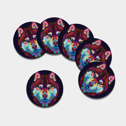 Colorful Siberian Husky Print Leather Coaster Set