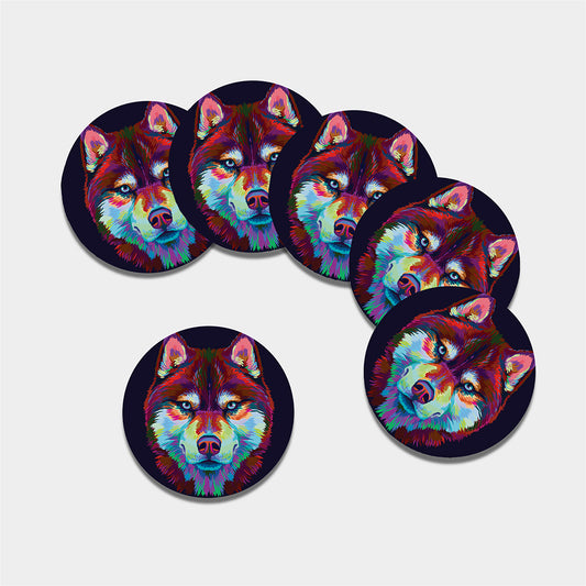 Colorful Siberian Husky Print Leather Coaster Set