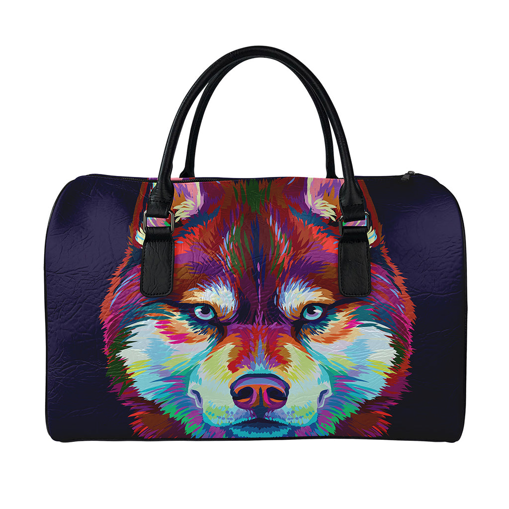 Colorful Siberian Husky Print Leather Duffle Bag