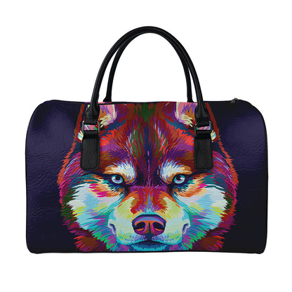 Colorful Siberian Husky Print Leather Duffle Bag