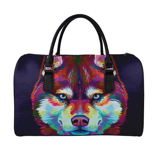 Colorful Siberian Husky Print Leather Duffle Bag