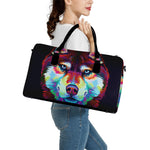 Colorful Siberian Husky Print Leather Duffle Bag