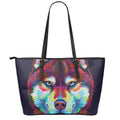 Colorful Siberian Husky Print Leather Tote Bag With Zipper