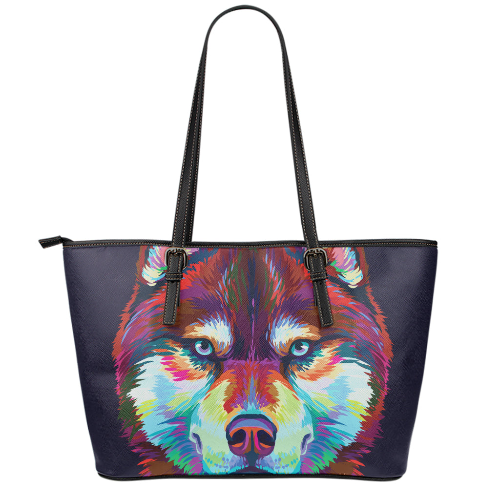 Colorful Siberian Husky Print Leather Tote Bag